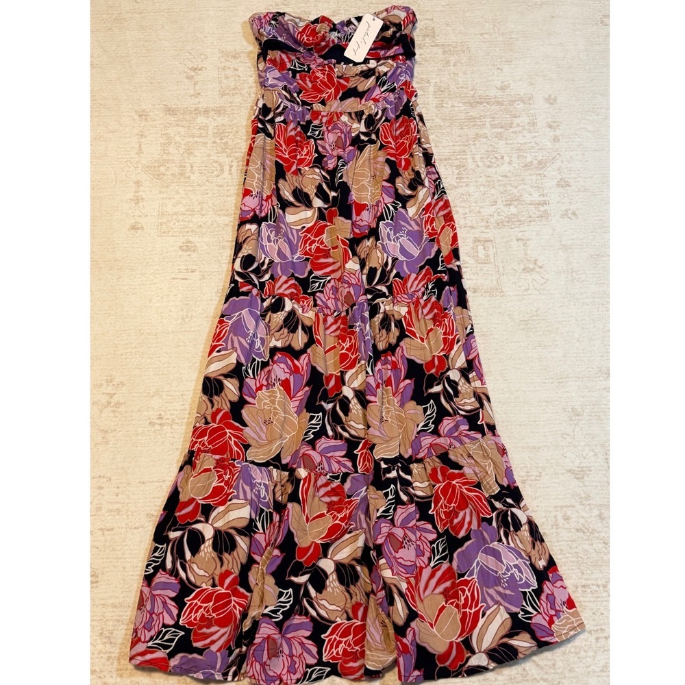Petal + Pup Floral Strapless Maxi Dress Red Purple Cutout Tiered NWT XS